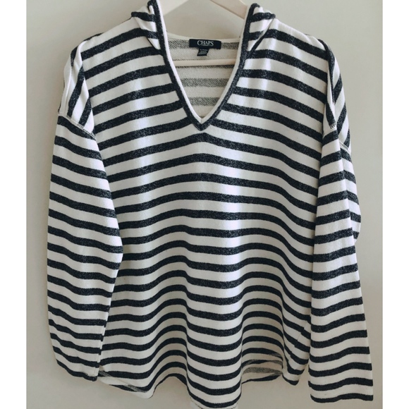 Chaps Tops - Chaps Denim Blue/White Striped Hooded Pullover